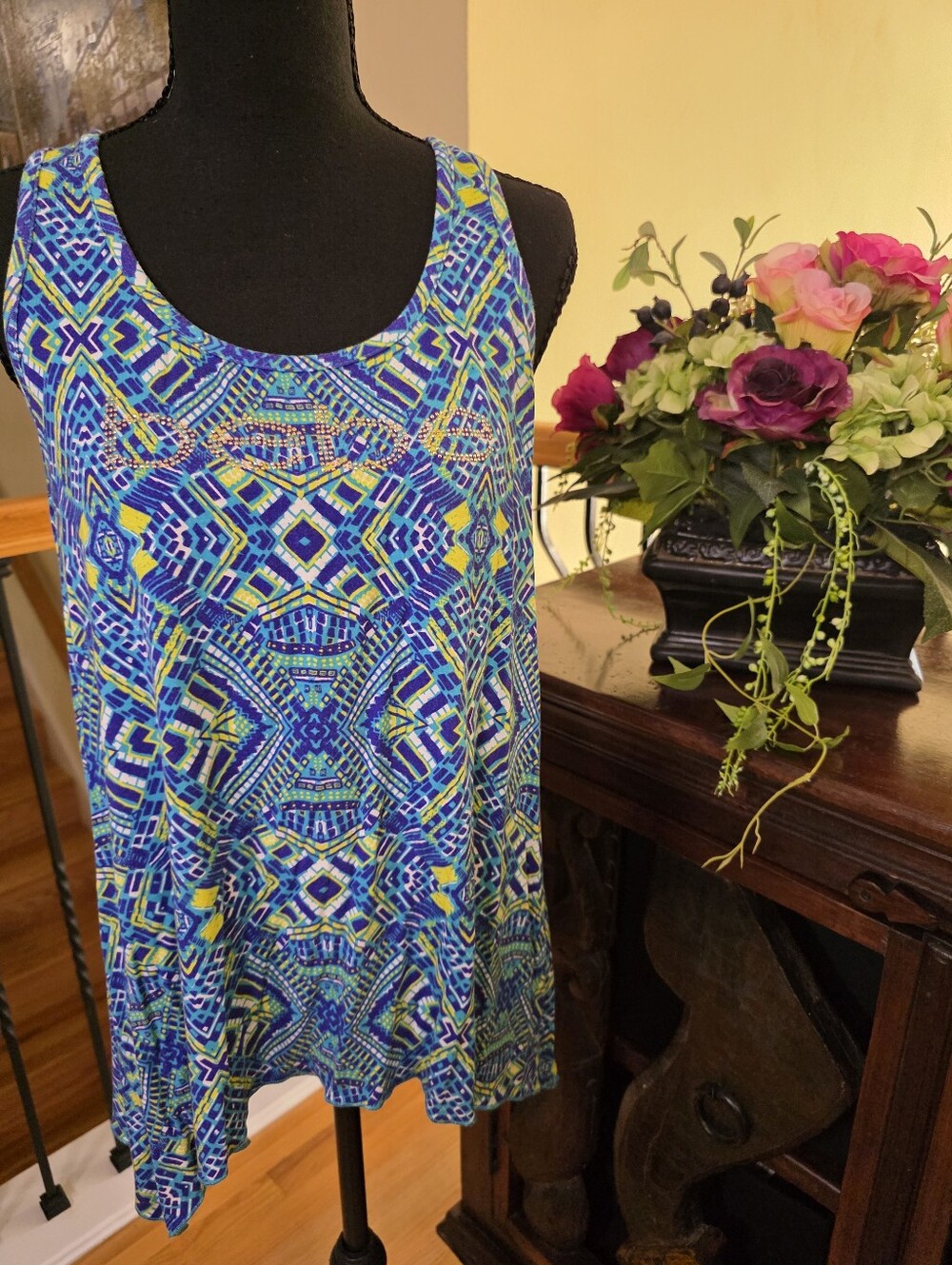 bebe Y2K Blue and Lime Geometric Racerback One-Piece Tank Top Medium